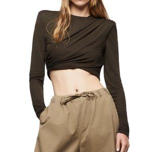 Zara Dark Khaki Draped Crop Top with Shoulder Pads